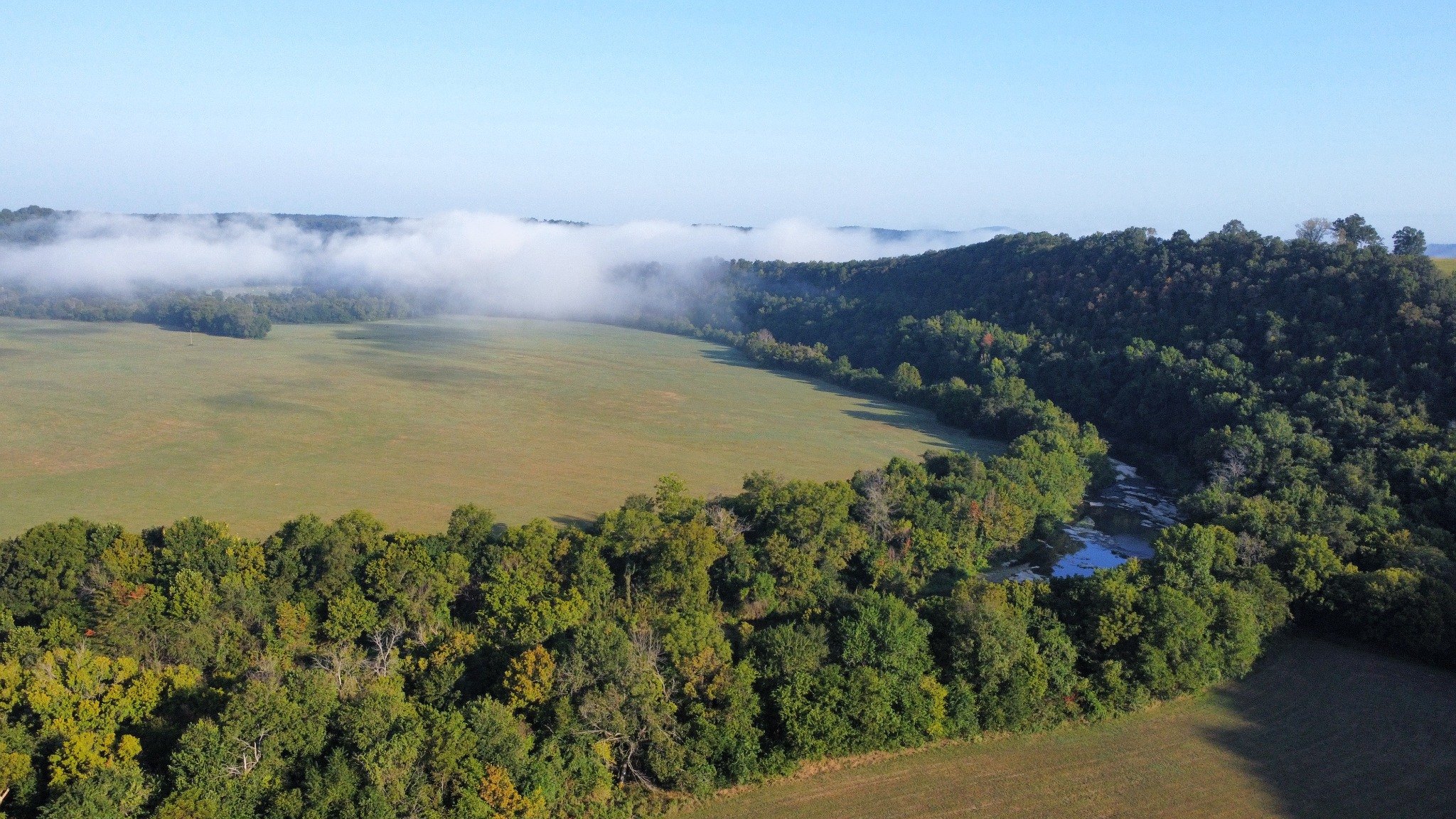 Aerial morning view of fog over the valley and creek
